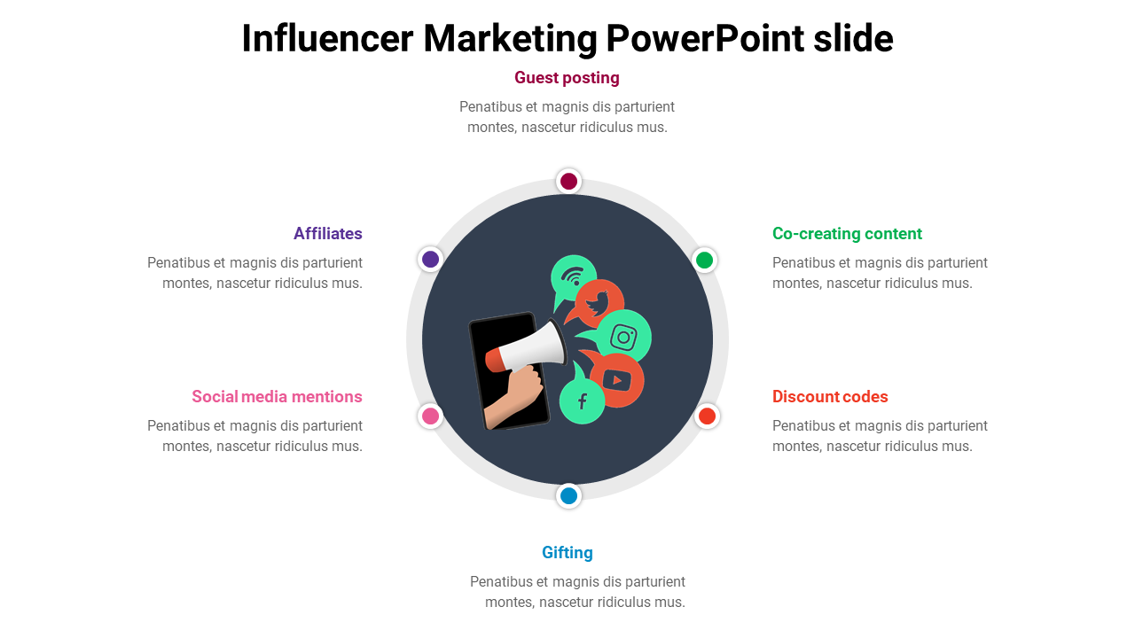 Editable Influencer Marketing PowerPoint slide - Six Nodes